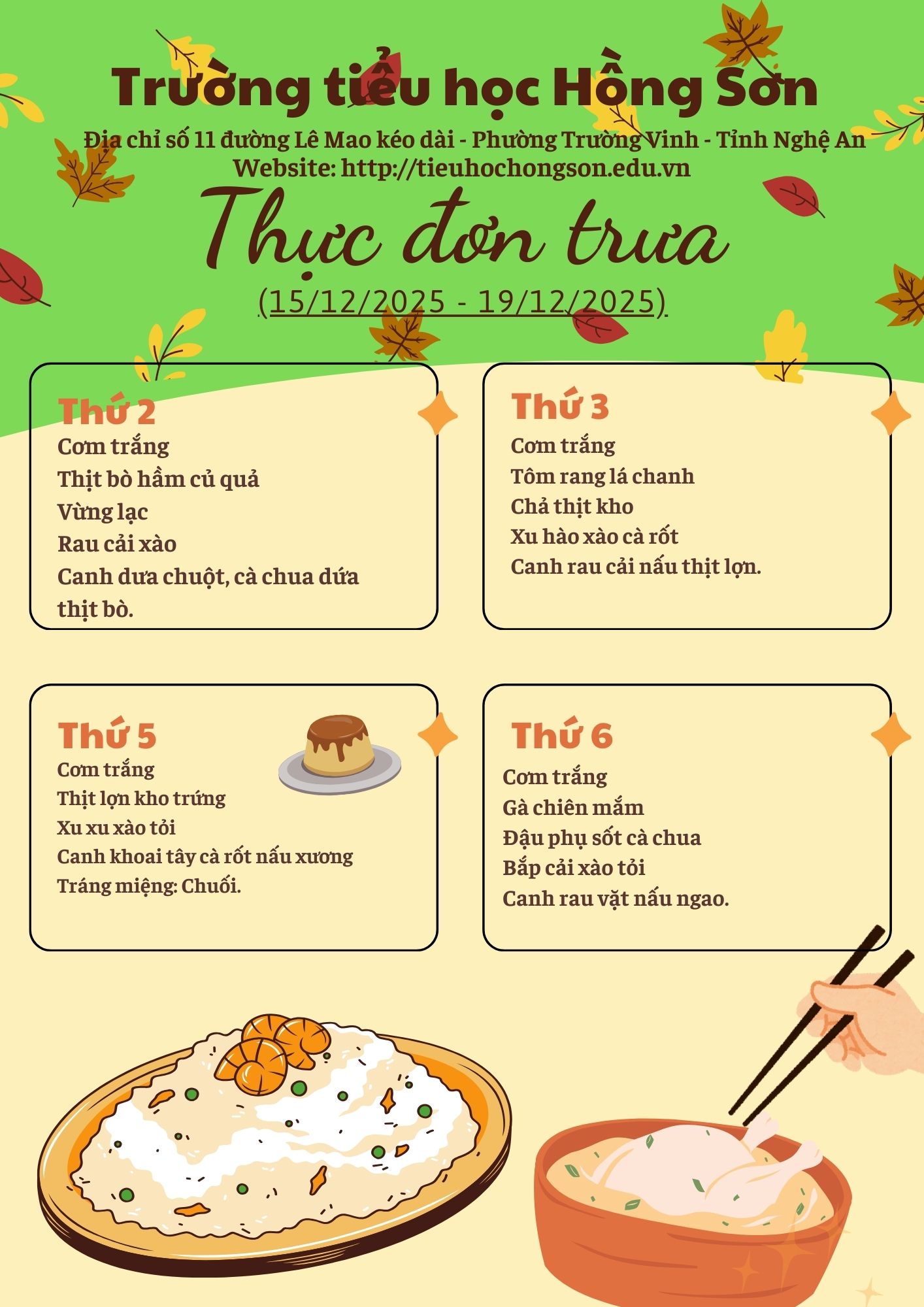 THỰC ĐƠN BÁN TRÚ TUẦN 15
